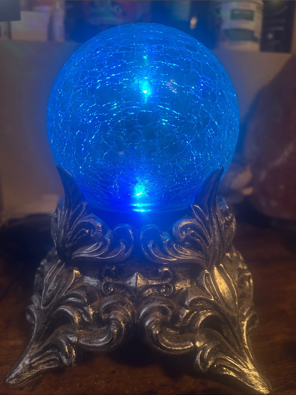 Crackled Blue Glass Orb Night Light on Ornate Metallic Stand